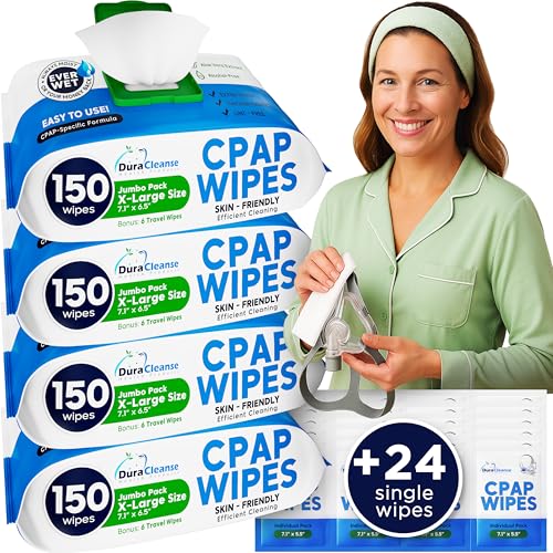 Dura Cleanse CPAP Mask Cleaning Wipes - 4 Pack, 4x150 Count + 24 Travel Sheets - Extra Large and Moist Cleaning Wipes for Full Face, Nasal Masks, CPAP Machines & Supplies - Skin Safe with Aloe Vera