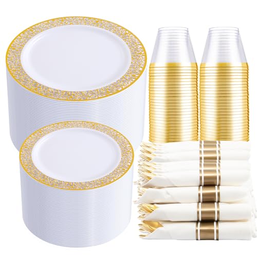 DaYammi 210 PCS Gold Plastic Plates, Gold Plastic Dinnerware Sets, Includes: 30 Dinner Plates, 30 Salad Platos, 30 Pre Rolled Napkins with silverware,30 Cups 9 OZ, Perfect for Party