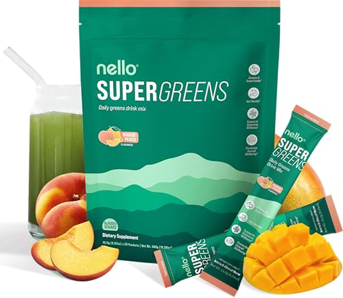 Supergreens Premium Superfood Greens Drink Mix w/Chlorella, Moringa, Spinach & Broccoli + Digestive Enzymes & Probiotic Blend -Nutrient-Packed Powder Wellness (Mango Peach, 20 SRV, Travel Pack)