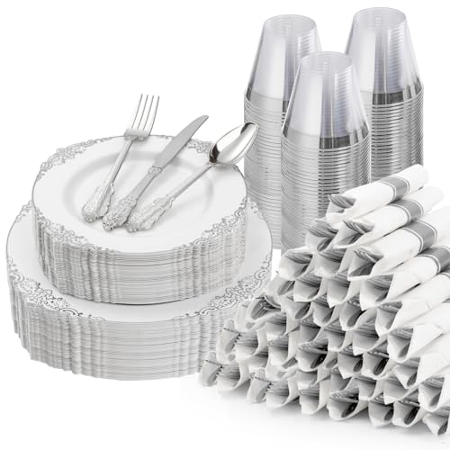 Bestluck 350PCS Silver Plastic Plates