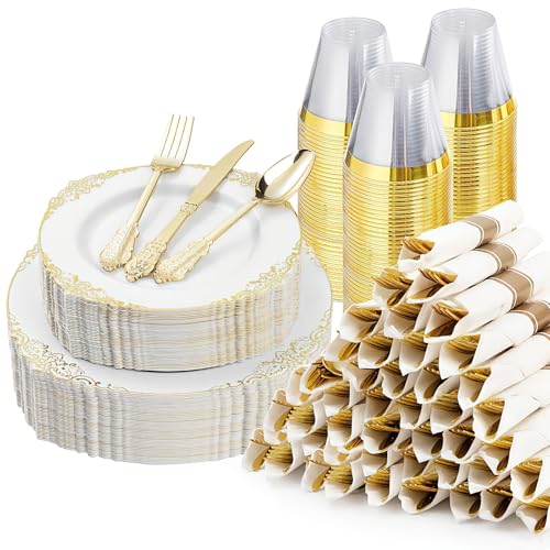 350PCS Gold Plastic Plates for 50 Guests, Disposable Dinnerware Sets Include 100 Gold Rim Plastic Plates, 50 Silverwares, 50 Cups, and 50 Pre Rolled Napkins for Party, Wedding, Graduation