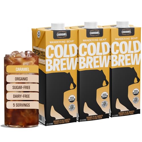 Wandering Bear Organic Caramel Cold Brew Coffee, 32 fl oz, 3 pack - Extra Strong, Smooth, Organic, Unsweetened, Shelf-Stable, and Ready to Drink Iced Coffee, Cold Brewed Coffee
