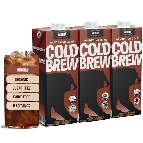 Wandering Bear Organic Mocha Cold Brew Coffee, 32 fl oz, 3 pack - Extra Strong, Bold, Smooth, Unsweetened, Shelf-Stable, Ready to Drink, Gluten Free, & Vegan, Iced Cold Brewed Coffee Drinks