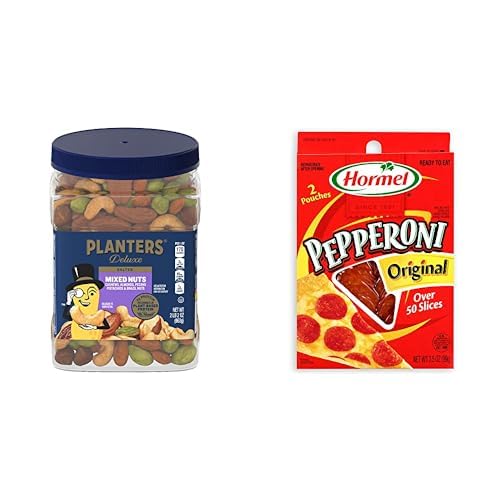 Bundle of PLANTERS Deluxe Salted Mixed Nuts, Party Snacks, 34oz (1 Container) + Hormel Original Pepperoni Slices, 3.5 oz. (Pack of 10)