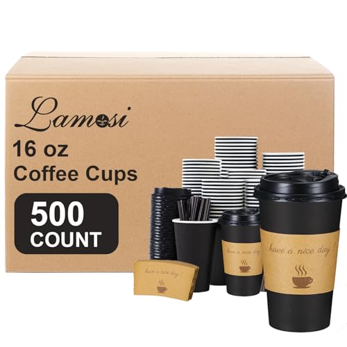 Lamosi 16 OZ Coffee Cups 500 Pack with Lids, Stir Sticks and Sleeves, Disposable Hot Paper Cup for Home, Travel, Office