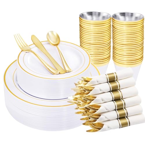 WELLIFE 210 Piece Gold Plastic Dinnerware Set, Include: 30 Dinner Plates, 30 Dessert Plates, 30 Pre Rolled Napkins with Silverware and 30 Cups