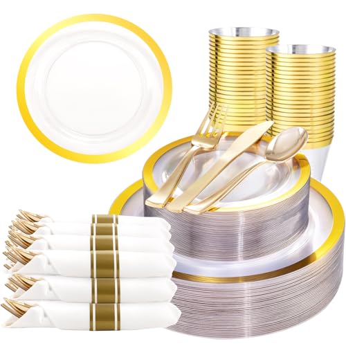 Liacere 350PCS Clear Gold Plastic Plates for 50 Guests Dinnerware Include 100 disposable Plates 150 Gold Silverware 50Napkins for Party&Wedding&Thanksgiving&Fall Decor