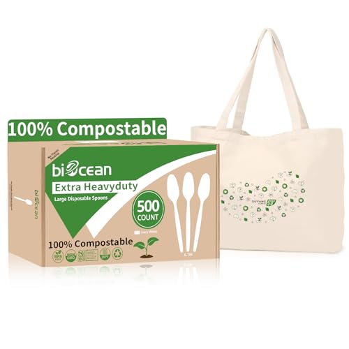 Extra Heavyduty Compostable Spoons [500 Count,6.7In] Disposable Cutlery No Plastic Spoons Large Biodegradable Utensils Eco Friendly Silverware for Party,BBQ,Daily Use [With Tote]