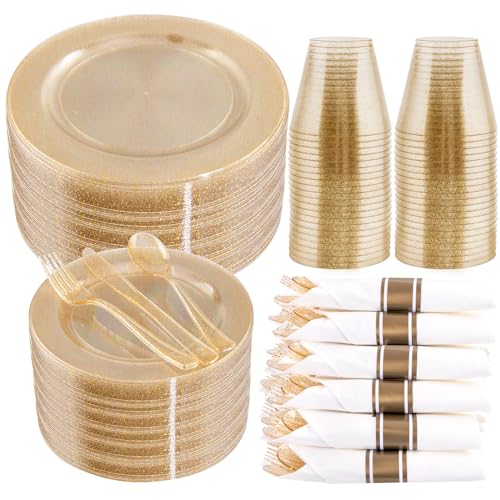WELLIFE 210Pcs Gold Glitter Dinnerware Set