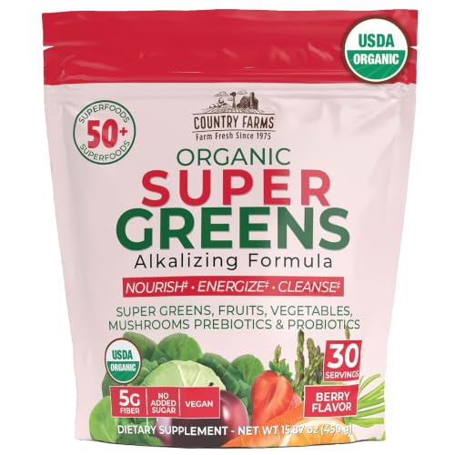 Country Farms Super Greens Berry Flavor, 50 Organic Super Foods, USDA Organic Drink Mix (Wheat Grass, Spirulina, Chlorella) Mushrooms & Probiotics, with Fiber, Gut Health, Natural Energy, 30 Servings