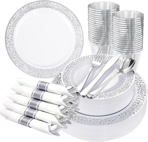 WELLIFE 175Pcs Silver Dinnerware Sets, Include:25 Dinner Plates, 25 Dessert Plates, 25 Paper Napkins, 25 Cups, 75 Silver Silverware Set for Party and Weddings