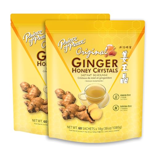 Prince of Peace Instant Ginger Honey Crystals Original, 60 Sachets - pack of 2  Instant Hot or Cold Beverage that Soothes Throat  Easy to Brew  Drink Like a Tea  Gluten Free  Real Ginger