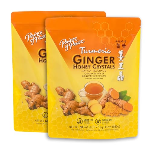 Prince of Peace Instant Ginger Honey Crystals with Turmeric, 60 Sachets - pack of 2  Instant Hot or Cold Beverage that Soothes Throat  Easy to Brew  Drink Like a Tea  Gluten Free  Real Ginger