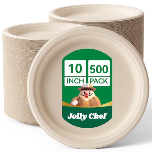 JOLLY CHEF Compostable Heavy Duty Plates 10 Inch [500 Pack] Eco-Friendly Disposable Paper Plates Natural Bagasse Biodegradable Sugarcane Bulk for Party Hot Cold Dinner Christmas (Brown)