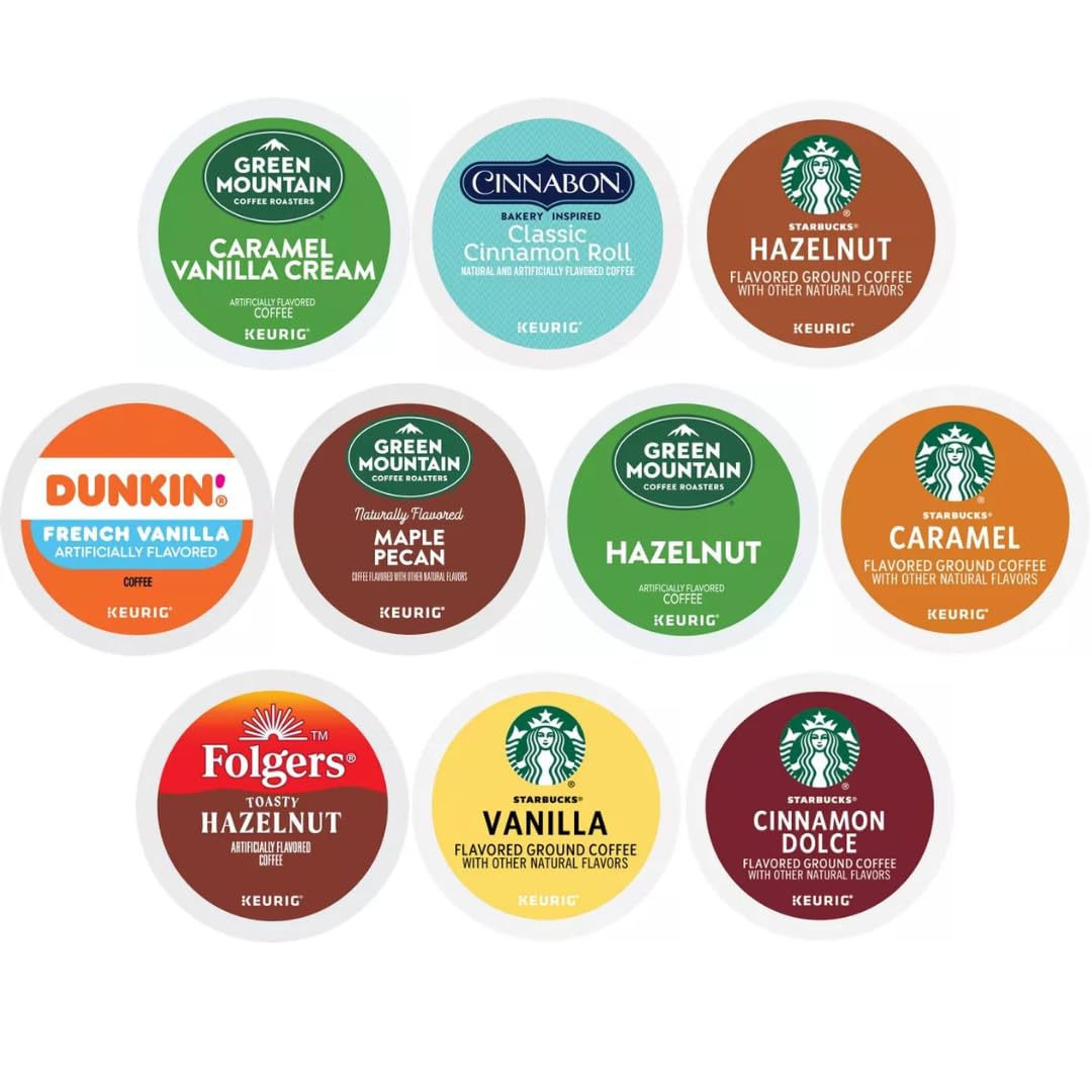 30 Count - Flavored K-cups Coffee Pods Variety Sampler Includes Starbucks Hazelnut, Caramel, Cinnamon Dolce & Vanilla - Green Mountain Caramel Vanilla Cream, Maple Pecan & Hazelnut  Folgers Hazelnut  Dunkin French Vanilla -Cinnabon Cinnamon Roll for Keurig Brewers.