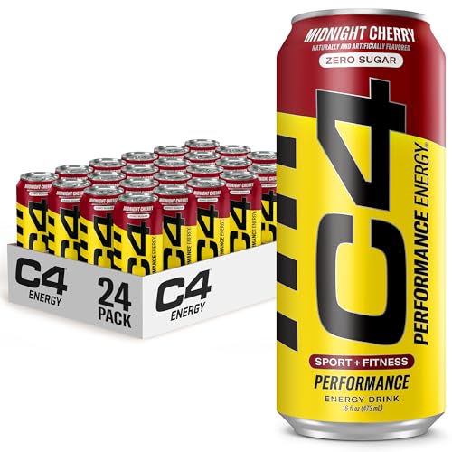 C4 Energy Carbonated Zero Sugar Energy Drink, Pre Workout Drink + Beta Alanine, Midnight Cherry, 16 Fl Oz (Pack of 24)