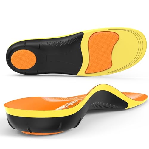 Plantar Fasciitis Insoles - High Arch Support Inserts, Gel Cushion, Relief for Flat Feet - 220+ lbs Orthotics Insoles Ideal for Work Boots (Orange, Men 4.5-6.5 | Women 5.5-7.5)