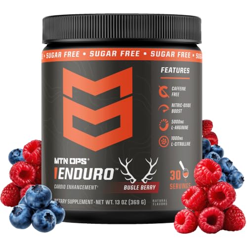 MTN OPS Enduro Nitric Oxide Supplement & Stim-Free Pre Workout - 30 Servings - with Magnesium Citrate, Beet Root Powder, Niacinamide, L Arginine & L Citrulline - Bugle Berry Flavor