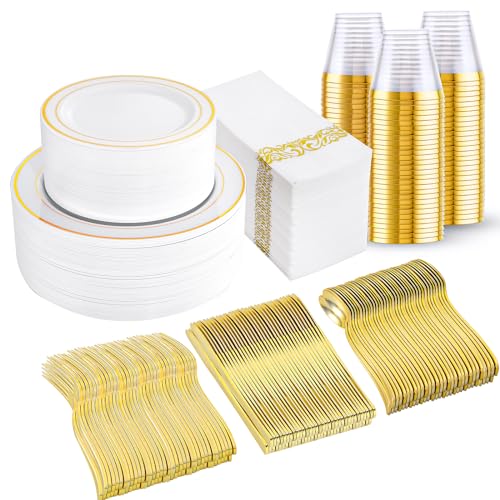 I00000 350Pcs Gold Dinnerware Set for 50 Guests, Gold Plastic Plates for Party, Include: 100 Disposable Plastic Plates, 50 Paper Napkins, 50 Cups, 50 Silverware Set Perfect for Party & Wedding