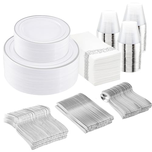 I00000 350Pcs Silver Plastic Dinnerware Set, Plastic Plates Disposable for 50 Guests Include: 100 Silver Rim Plates, 50 Paper Napkins, 50 Cups, 50 Plastic Silverware Set Perfect for Party & Wedding