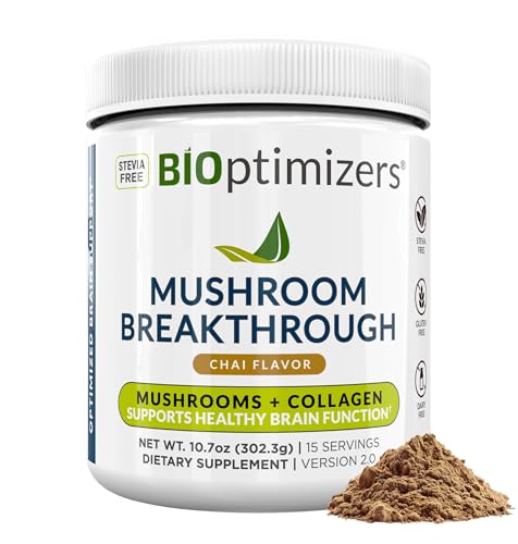 BIOptimizers Mushroom Coffee Alternative  Chai Drink  Lions Mane, Chaga, Reishi + Collagen Peptides for Focus, Energy & Gut Health  Adaptogenic Mushrooms & MCT Powder  15 Servings