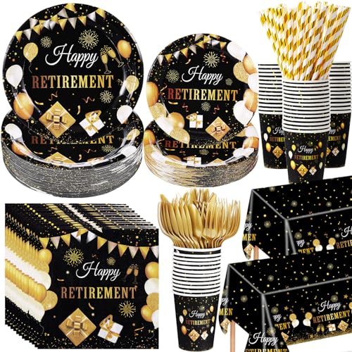 452 Pcs Happy Retirement Party Decorations Men Black Gold Retirement Paper Plates and Napkins Cups Tablecloth Cutlery Straws Disposable Tableware Party Supplies for Men Women