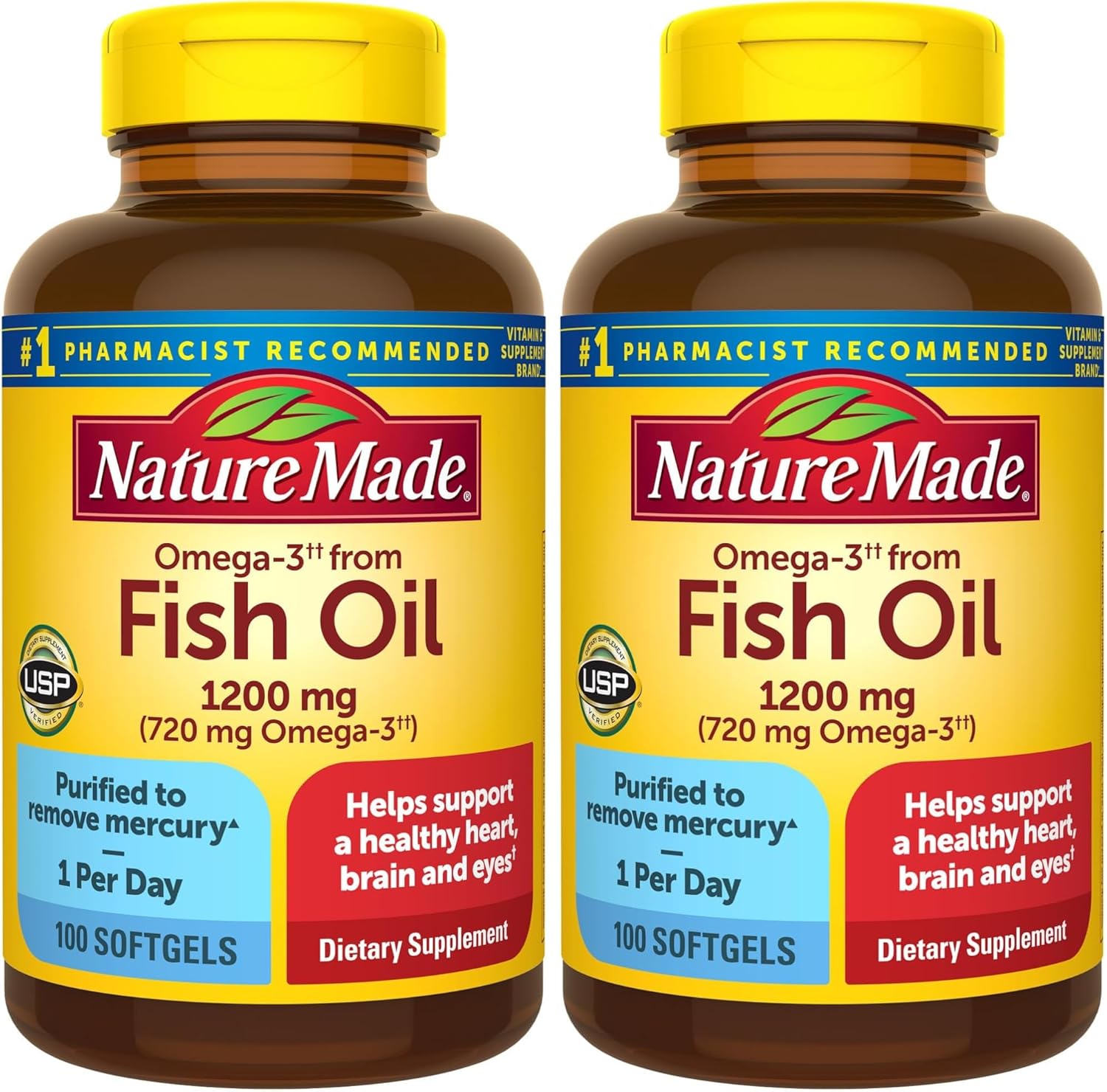 Nature Made Fish Oil Omega 3 Supplements, 1200mg Omega 3 Fish Oil Supplements as Ethyl Esters for Healthy Heart Brain Eyes Support, One Per Day, 100 Softgels (Pack of 2)