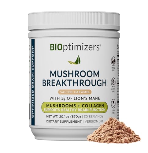 BIOptimizers Mushroom Coffee Alternative  Salted Caramel Drink  Lions Mane, Chaga, Reishi + Collagen Peptides for Focus, Energy & Gut Health  Adaptogenic Mushrooms & MCT Powder  30 Servings