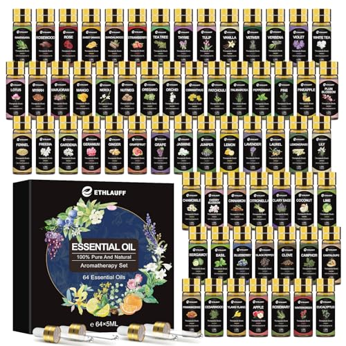 Essential Oil Set 64 Pack -Aromatherapy Essential Oils Kit-Fragrance Oils Perfect for Diffuser, Humidifier, Massage,Soap, Skin & Hair Care, Candle Scented Oil (0.17oz)