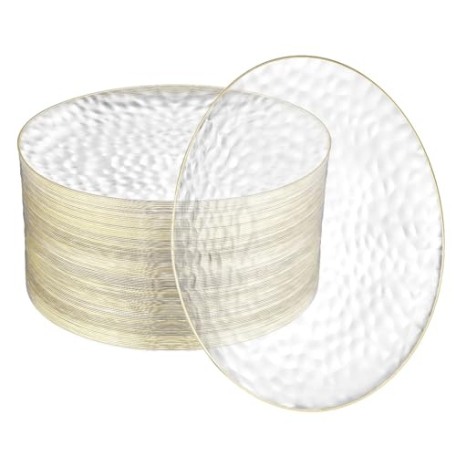R-kay 100 Pack 10 Inch Clear Plastic Plates For Wedding - Hammered Gold Rimmed Sturdy, Durable Gold Plastic Plates For Party - Bulk Disposable Plates For Weddings