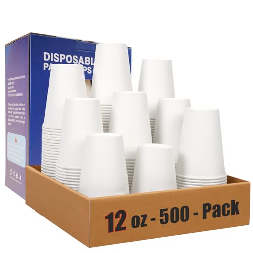 500 Pack 12 oz Disposable Paper Coffee Cups, 12 oz White Paper Cups Bulk for Hot & Cold Beverages, Ideal for Party, Office, Home, Travel and More