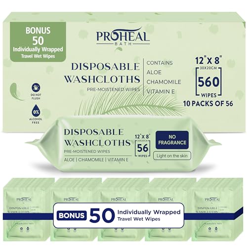 ProHeal Large Wet Wipes for Adults - Case of 10 and 50 Individually Wrapped 12""x8"" Disposable Body Wipes - Fragrance Free with Aloe, Chamomile, and Vitamin E - For Bathroom, Cleansing, and Travel