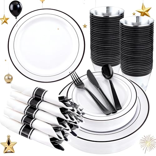 WELLIFE 210Pcs Black Plastic Dinnerware with Pre Rolled Napkins, Include:30 Dinner Plates, 30 Dessert Plates, 30 Paper Napkins, 30 Cups, 90 Plastic Cutlery