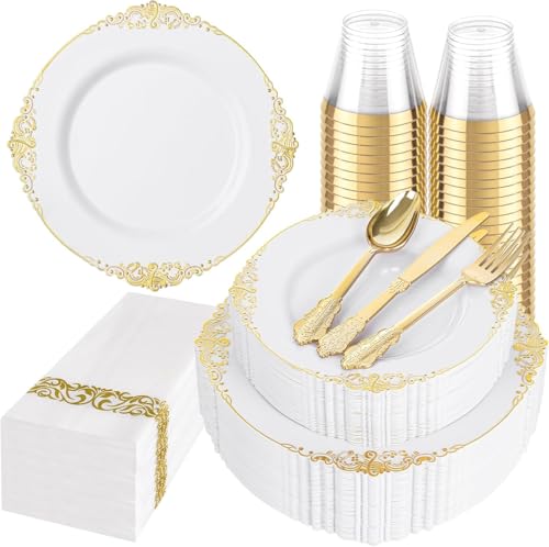 Hioasis 175pcs White and Gold Plastic Plates - Elegant Disposable Dinnerware Set Suitable for 25 Guests Include 10.25" Dinner & 7.5" Dessert Plates, Cutlery, Napkins, Cups for Party & Thanksgiving