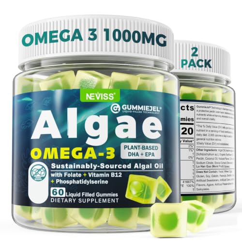 2 Pack Algae Omega 3 Gummies 1000mg, Plant Based DHA 460mg & EPA 230mg, Omega 3 Fish Oil Alternative for Adults, Plus MethylFolate, Vitamin B12, Phosphatidylserine, No Fishy Taste, Vegan, Sugar Free