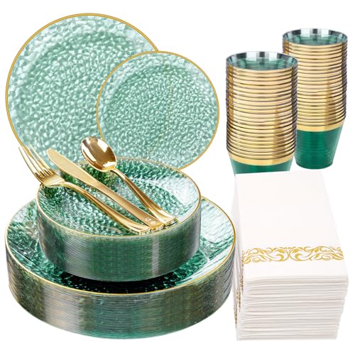 Rubtlamp 175 Pcs Green Plastic Plates Dinnerware Set (25 Guests), Hammered Plates Sets, Green Plastic Party Plates Set include 50 Disposable Plates Set, 75 Gold Plastic Silverware, 25 Cups 25 Napkins