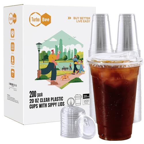 Turbo Bee 20 OZ 200 Sets Clear Plastic Cups with Strawless Sip Lids, To Go Crystal Clear Disposable Plastic Cups with Lids for Iced Coffee, Smoothies, Soda, Lemonade, Cold Beverage