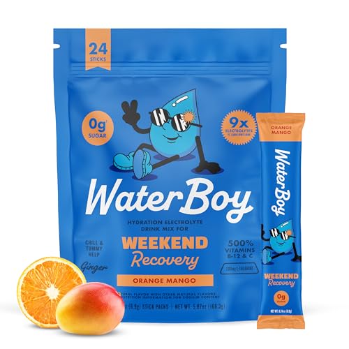 Waterboy Weekend Recovery | 3,200mg Electrolyte Powder Packets | Ginger + L-Theanine + Vitamins | No Sugar, All Natural, Gluten Free | 24 Drink Stick Mixes (Orange Mango)