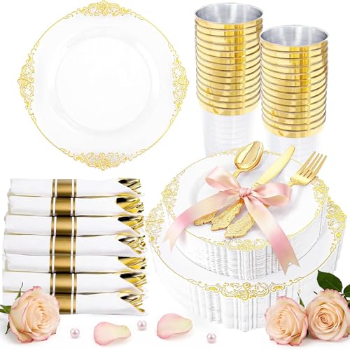 Hioasis 210pcs White and Gold Plastic Plates - Disposable Dinnerware Set Suitable for 30 Guests Include 10.25" Dinner & 7.5" Dessert Plates, Pre Rolled Silverware Set, Cups for Party & Thanksgiving