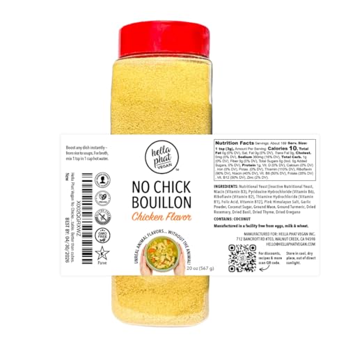 Hella Phat Vegan No Chick Bouillon - Lower Sodium, Flavor-Packed Vegan Broth Powder - Gluten-Free, Non-GMO for Soups, Ramen, Gravy & More - Easy-Dispense, Leak-Proof Shaker Bottle (20 Ounce (Pack of 1), Chicken)