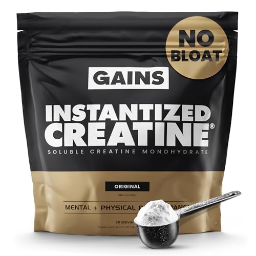 Gains in Bulk Instantized Creatine Monohydrate for Women and Men, Soluble Creatine Powder, Supports Muscle Building, Strength and Performance, Bodybuilding Supplements, Unflavored, 30 Servings