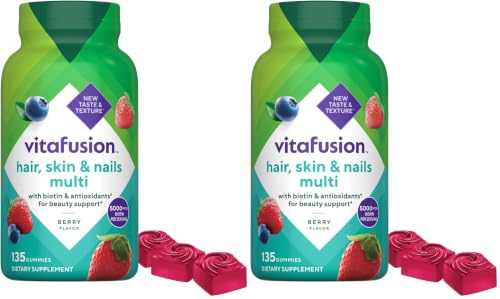 Vitafusion Gorgeous Hair, Skin & Nails Multivitamin Plus Biotin and Antioxidant Vitamins C&E, Raspberry Flavor, 135ct (45 Day Supply), from Americas Number One Gummy Vitamin Brand (Pack of 2)