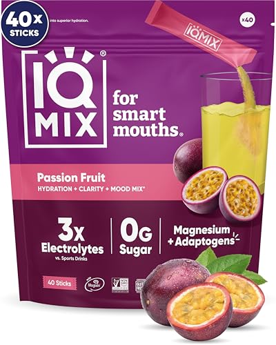 IQMIX Hydration Electrolyte Powder  4-in-1 Formula for Hydration, Mental Clarity, Mood and Recovery  Sugar-Free Drink Mix, Keto, Magnesium L-Threonate, Lions Mane  40 Count Passion Fruit