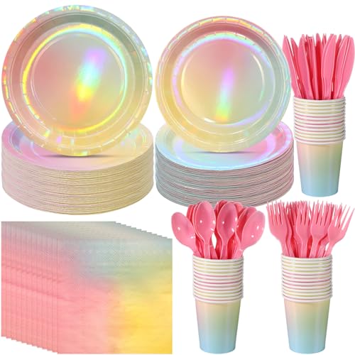 Iridescent Pastel Rainbow Party Decorations Serve 100, Holographic Pastel Paper Plates and Napkins, Disposable Iridescent Rainbow Party Plates Cups Napkins for Girls Birthday Wedding Baby Shower Party