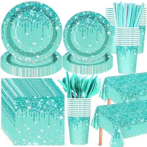 452 Pcs Teal and Silver Birthday Party Decoration, Glitter Teal Paper Plates and Napkins Cups Tablecloth Cutlery Straws Turquoise Disposable Tableware Set for Women Birthday Supplies