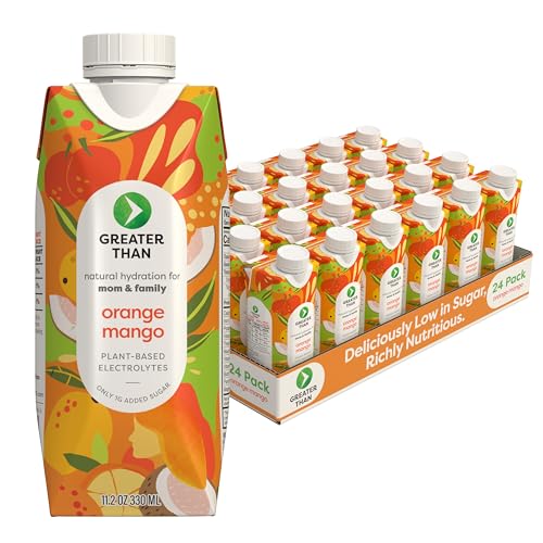 Greater Than Nutrient Hydration Beverage, Electrolyte Drink for Gut Health & Energy with Coconut Water, Vitamins, Gluten Free, Plant Based, Low Sugar, Orange Mango, 24 Pack
