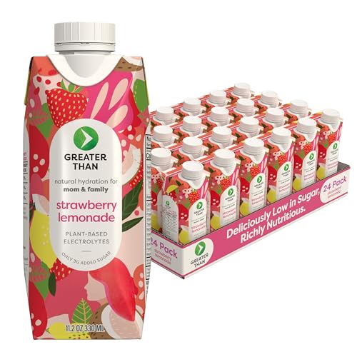 Greater Than Nutrient Hydration Beverage, Electrolyte Drink for Gut Health & Energy with Coconut Water, Vitamins, Gluten Free, Plant Based, Low Sugar, Strawberry Lemonade, 24 Pack