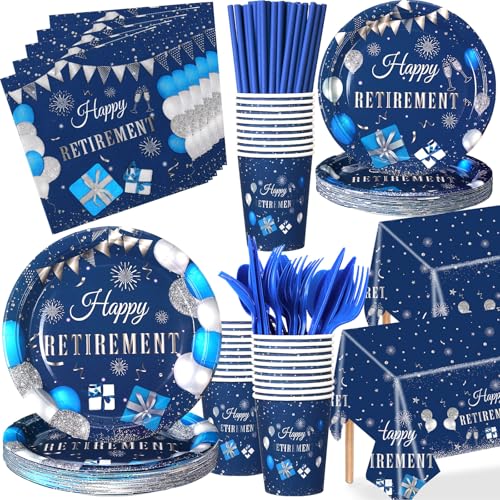 452 Pcs Retirement Party Decorations Supplies Set Include Blue Silver Retirement Paper Plates Napkins Cups Tablecloth Cutlery Straws for Men Women Say Goodbye Party
