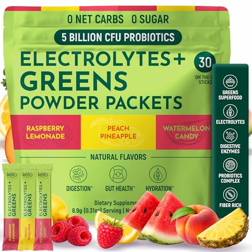Keto Vitals Keto Electrolytes Plus Greens Superfood Powder Packets - 30 Servings Super Greens Powder Packets with Sugar Free Electrolytes for Hydration, Gut Health & Digestion - Organic Green Blend