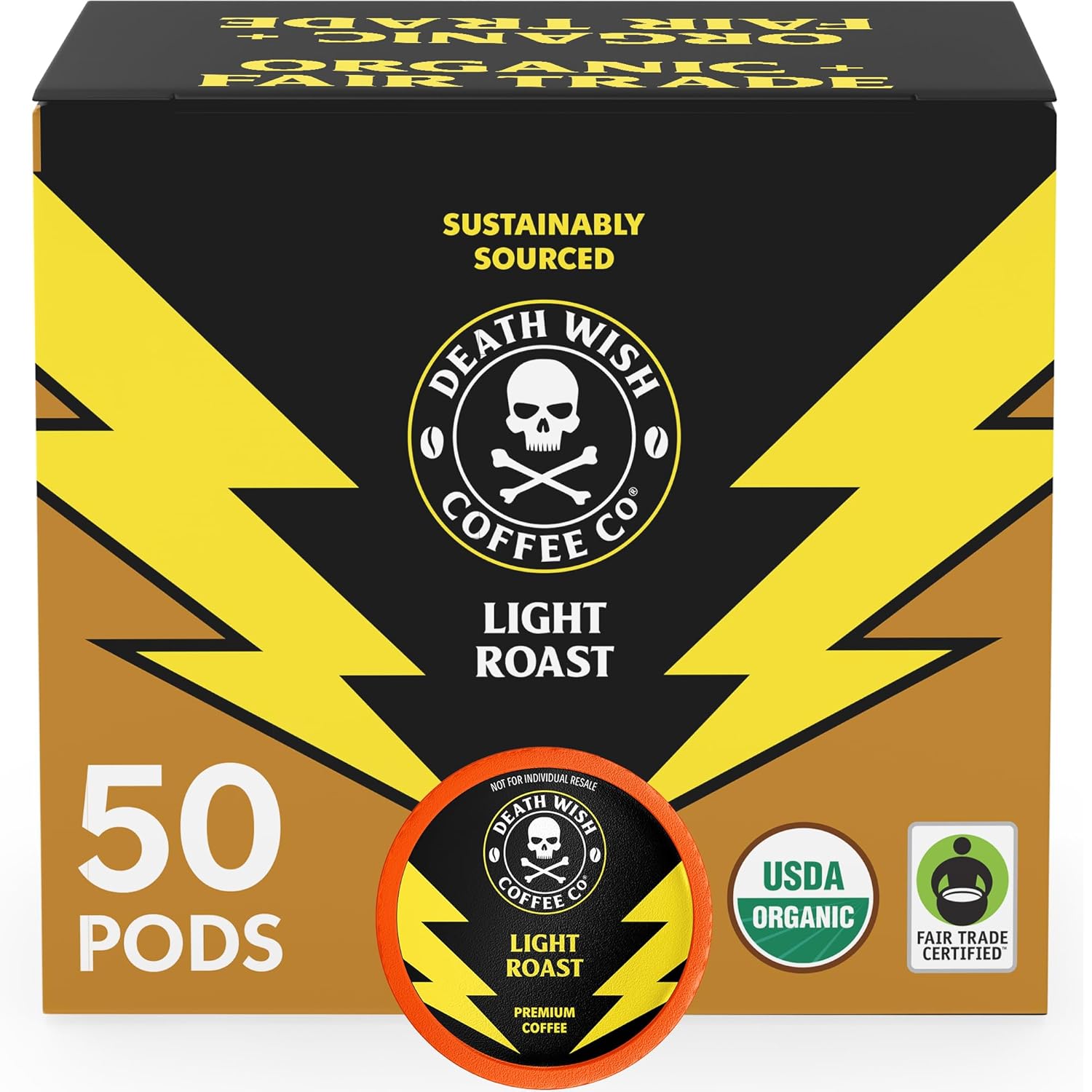 Death Wish Coffee, Organic and Fair Trade, Light Roast Coffee Pods (50 Count)